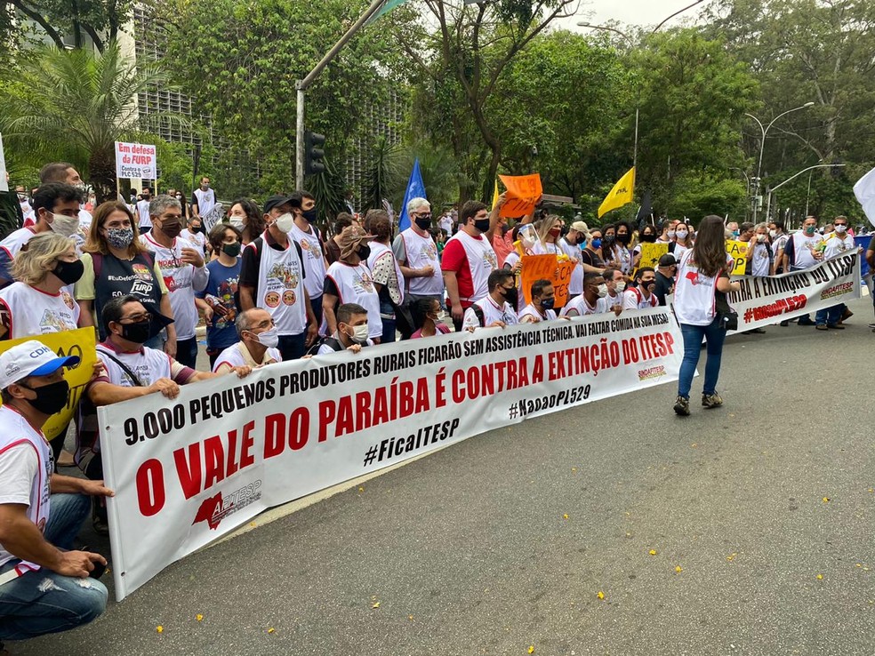Funcionários públicos protestam em frente à Alesp contra fim de estatais — Foto: Abrahão Cruz/TV Globo