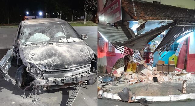 Muro de mercearia desaba após ser atingido por carro em Itapeva