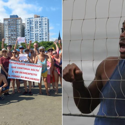 Manifestantes pedem prisão de Robinho em praia onde ex-atleta joga futevôlei no litoral de SP